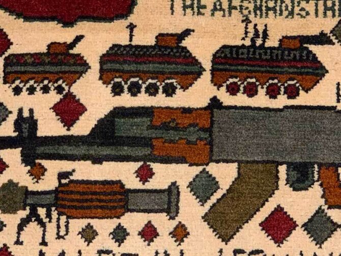 Hand Knotted Afghan War Tank A K 47 Balouch Pictorial Wall Hanging Wool Area Rug 3 x 2 Ft (5750 HM) - Image 5