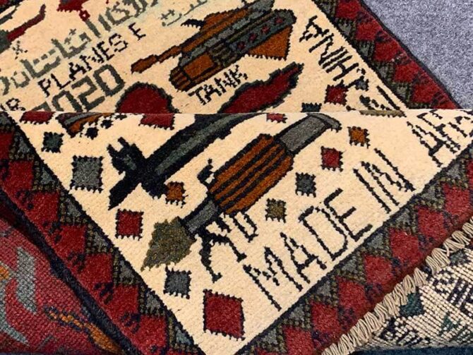 Hand Knotted Afghan War Tank A K 47 Balouch Pictorial Wall Hanging Wool Area Rug 3 x 2 Ft (5750 HM) - Image 7