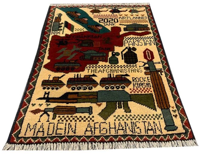 Hand Knotted Afghan War Tank A K 47 Balouch Pictorial Wall Hanging Wool Area Rug 3 x 2 Ft (5764 HM)