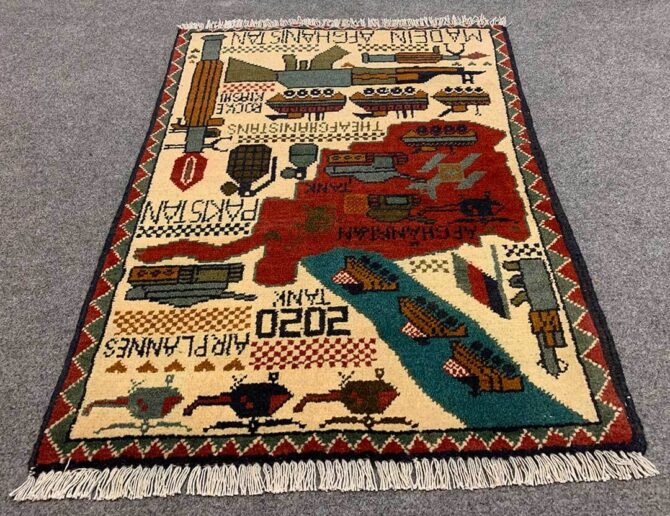 Hand Knotted Afghan War Tank A K 47 Balouch Pictorial Wall Hanging Wool Area Rug 3 x 2 Ft (5764 HM) - Image 2