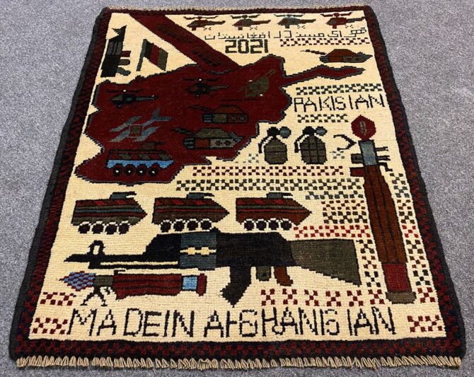 Hand Knotted Afghan War Tank A K 47 Balouch Pictorial Wall Hanging Wool Area Rug 3 x 2 Ft (5819 HM)