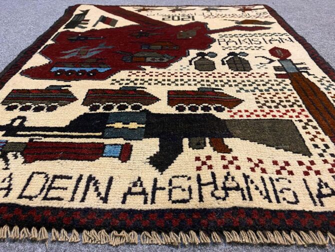 Hand Knotted Afghan War Tank A K 47 Balouch Pictorial Wall Hanging Wool Area Rug 3 x 2 Ft (5819 HM) - Image 3