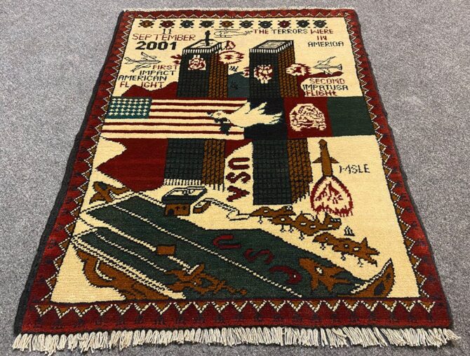 Hand Knotted Afghan War Tank A K 47 Balouch Pictorial Wall Hanging Wool Area Rug 2.5 x 1.10 Ft (5820 HM)
