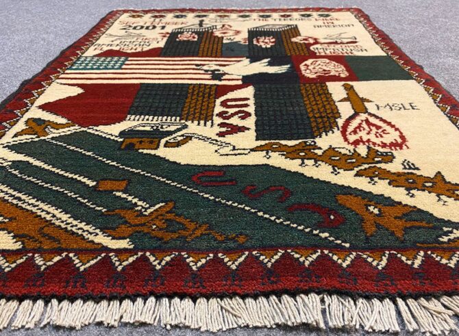 Hand Knotted Afghan War Tank A K 47 Balouch Pictorial Wall Hanging Wool Area Rug 2.5 x 1.10 Ft (5820 HM) - Image 3