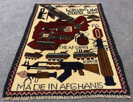 Hand Knotted Afghan War Tank A K 47 Balouch Pictorial Wall Hanging Wool Area Rug 3 x 2 Ft (5823 HM)