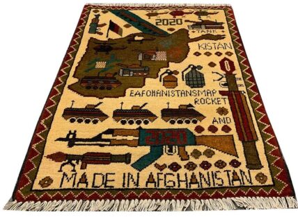 Hand Knotted Afghan War Tank A K 47 Balouch Pictorial Wall Hanging Wool Area Rug 3 x 2 Ft (5771 HM)