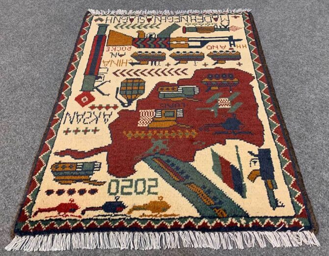 Hand Knotted Afghan War Tank A K 47 Balouch Pictorial Wall Hanging Wool Area Rug 3 x 2 Ft (5772 HM) - Image 2