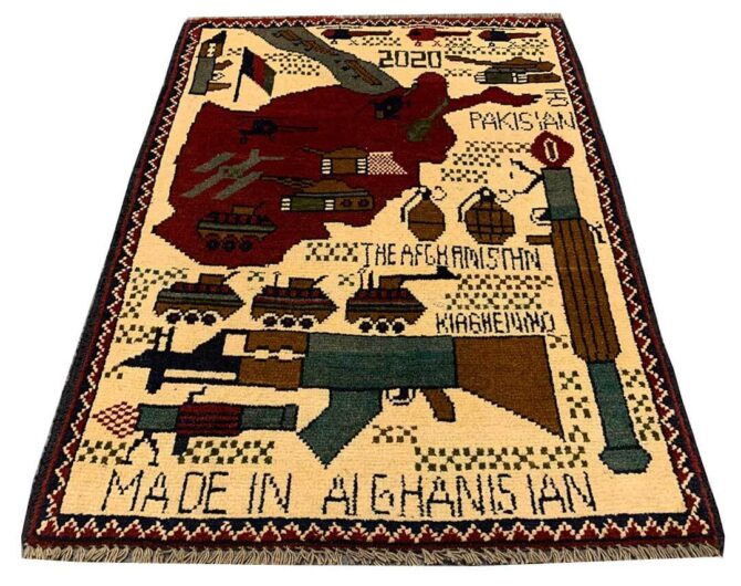 Hand Knotted Afghan War Tank A K 47 Balouch Pictorial Wall Hanging Wool Area Rug 3 x 2 Ft (5778 HM)