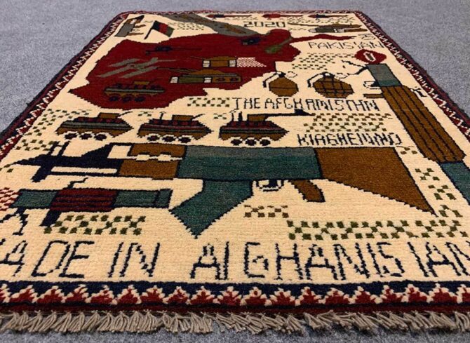 Hand Knotted Afghan War Tank A K 47 Balouch Pictorial Wall Hanging Wool Area Rug 3 x 2 Ft (5778 HM) - Image 3