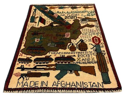 Hand Knotted Afghan War Tank A K 47 Balouch Pictorial Wall Hanging Wool Area Rug 2 x 2 Ft (5780 HM)