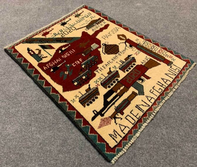 Hand Knotted Afghan War Tank A K 47 Balouch Pictorial Wall Hanging Wool Area Rug 2 x 2 Ft (5781 HM) - Image 6