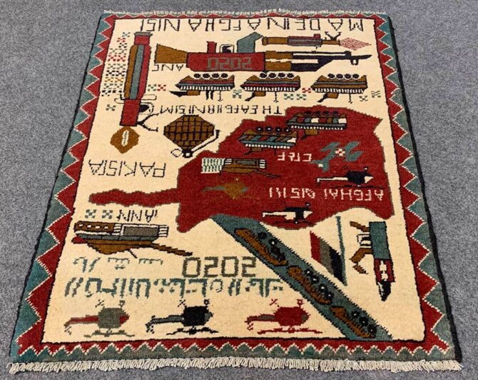 Hand Knotted Afghan War Tank A K 47 Balouch Pictorial Wall Hanging Wool Area Rug 2 x 2 Ft (5781 HM) - Image 2