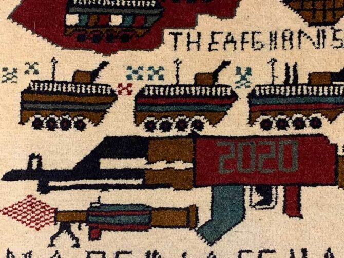Hand Knotted Afghan War Tank A K 47 Balouch Pictorial Wall Hanging Wool Area Rug 2 x 2 Ft (5781 HM) - Image 5