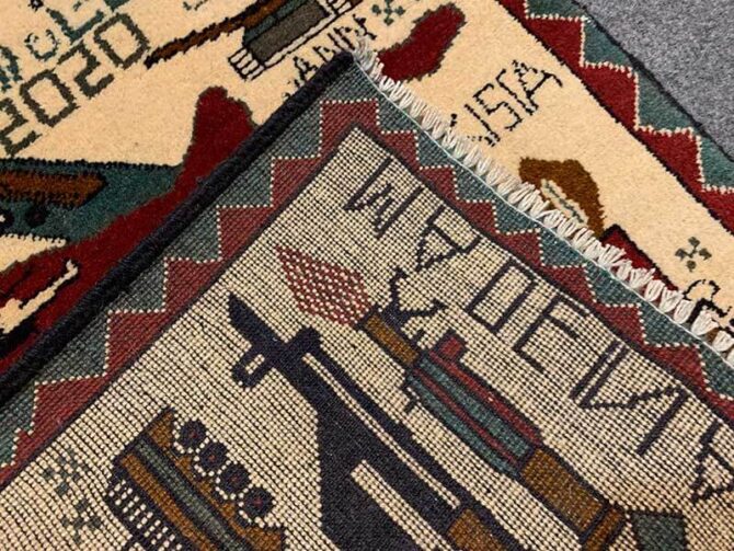 Hand Knotted Afghan War Tank A K 47 Balouch Pictorial Wall Hanging Wool Area Rug 2 x 2 Ft (5781 HM) - Image 8