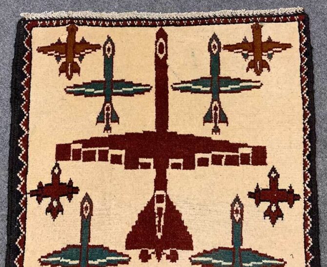 Hand Knotted Afghan War Tank A K 47 Balouch Wall Hanging Wool Area Rug 2 x 2 Ft (5782 HM) - Image 4