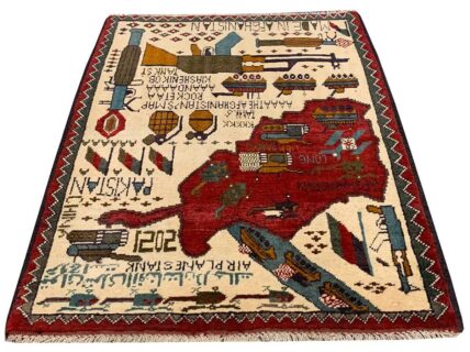 Hand Knotted Afghan War Tank A K 47 Balouch Pictorial Wall Hanging Wool Area Rug 3 x 2 Ft (5784 HM)