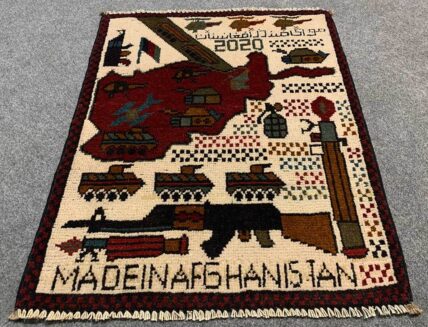 Hand Knotted Afghan War Tank A K 47 Balouch Pictorial Wall Hanging Wool Area Rug 3 x 2 Ft (5793 HM)