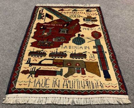 Hand Knotted Afghan War Tank A K 47 Balouch Pictorial Wall Hanging Wool Area Rug 2.5 x 1.9 Ft (5798 HM)