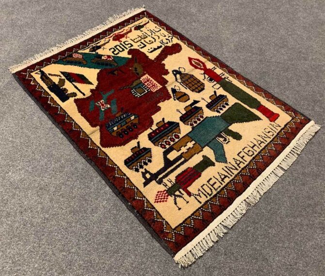 Hand Knotted Afghan War Tank A K 47 Balouch Pictorial Wall Hanging Wool Area Rug 3 x 2 Ft (5800 HM) - Image 6