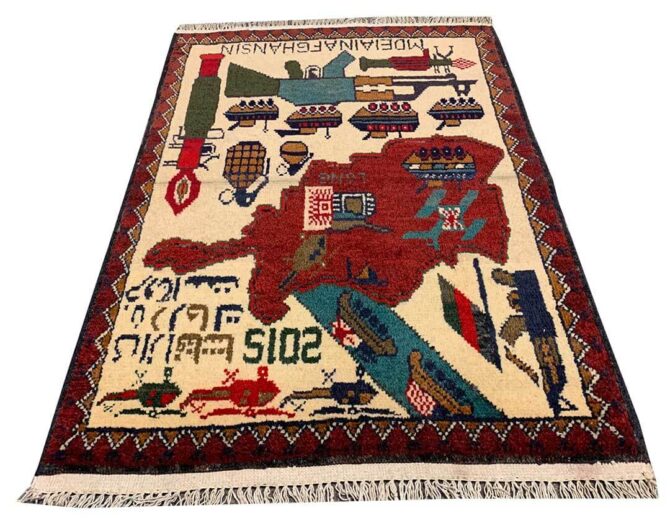 Hand Knotted Afghan War Tank A K 47 Balouch Pictorial Wall Hanging Wool Area Rug 3 x 2 Ft (5800 HM) - Image 2