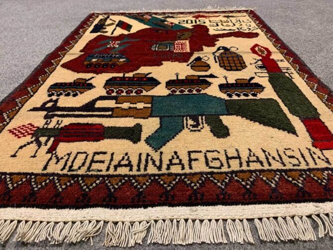 Hand Knotted Afghan War Tank A K 47 Balouch Pictorial Wall Hanging Wool Area Rug 3 x 2 Ft (5800 HM) - Image 3