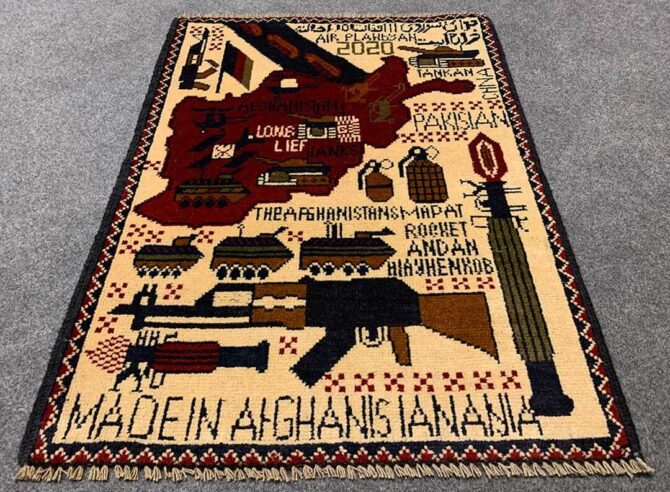 Hand Knotted Afghan War Tank A K 47 Balouch Pictorial Wall Hanging Wool Area Rug 3 x 2 Ft (5801 HM)