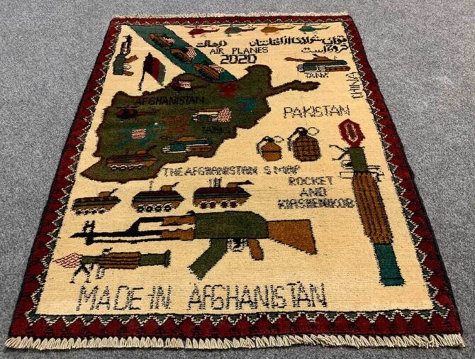 Hand Knotted Afghan War Tank A K 47 Balouch Pictorial Wall Hanging Wool Area Rug 3 x 2 Ft (5806 HM)
