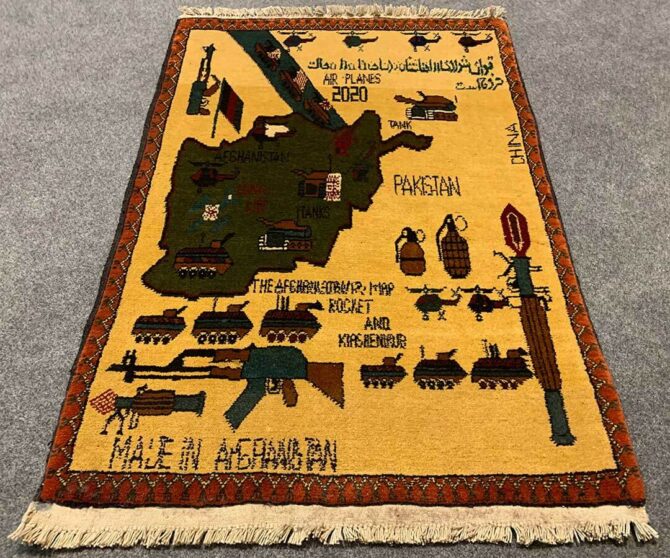 Hand Knotted Afghan War Tank A K 47 Balouch Pictorial Wall Hanging Wool Area Rug 3 x 2 Ft (5824 HM)