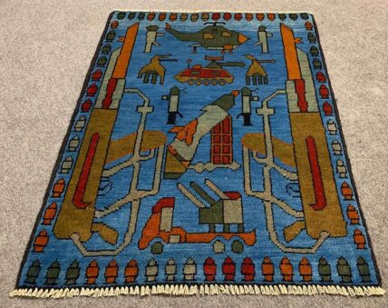 Hand Knotted Afghan War Tank A K 47 Balouch Pictorial Wall Hanging Wool Area Rug 3 x 2 Ft (5825 HM)