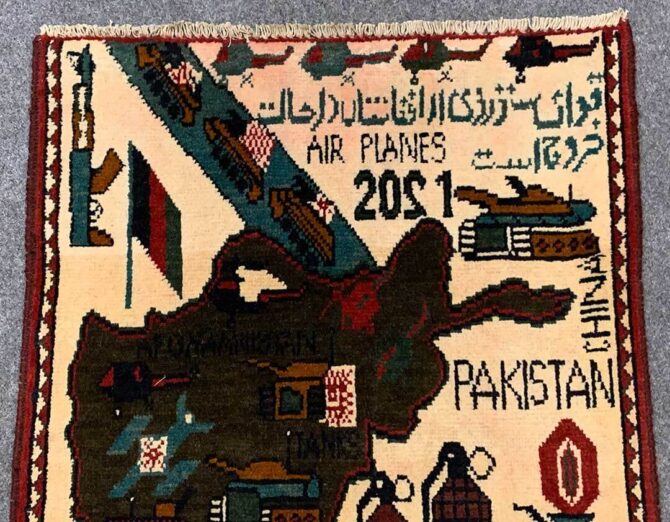 Hand Knotted Afghan War Tank A K 47 Balouch Pictorial Wall Hanging Wool Area Rug 3 x 2 Ft (5826 HM) - Image 4