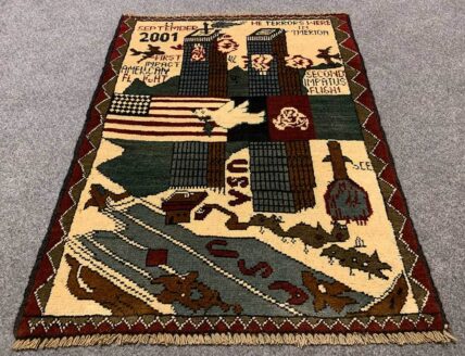Hand Knotted Afghan War Tank A K 47 Balouch Pictorial Wall Hanging Wool Area Rug 2.5 x 1.10 Ft (5828 HM)