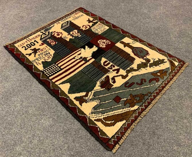 Hand Knotted Afghan War Tank A K 47 Balouch Pictorial Wall Hanging Wool Area Rug 2.5 x 1.10 Ft (5828 HM) - Image 6