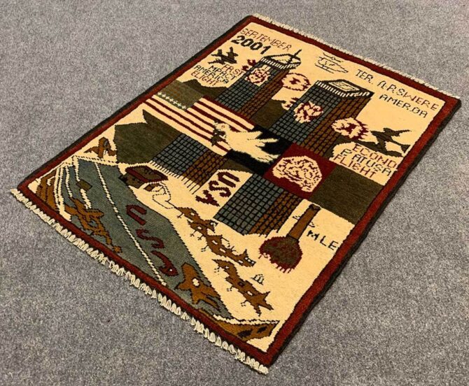 Hand Knotted Afghan War Tank A K 47 Balouch Pictorial Wall Hanging Wool Area Rug 2 x 2 Ft (5835 HM) - Image 6