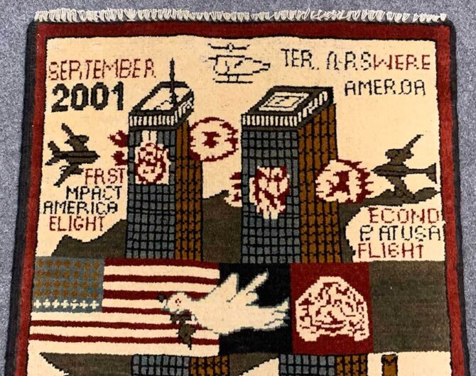 Hand Knotted Afghan War Tank A K 47 Balouch Pictorial Wall Hanging Wool Area Rug 2 x 2 Ft (5835 HM) - Image 4