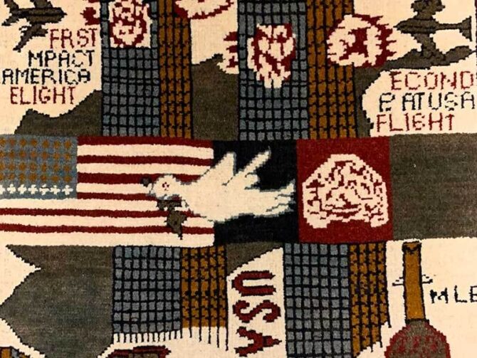 Hand Knotted Afghan War Tank A K 47 Balouch Pictorial Wall Hanging Wool Area Rug 2 x 2 Ft (5835 HM) - Image 5