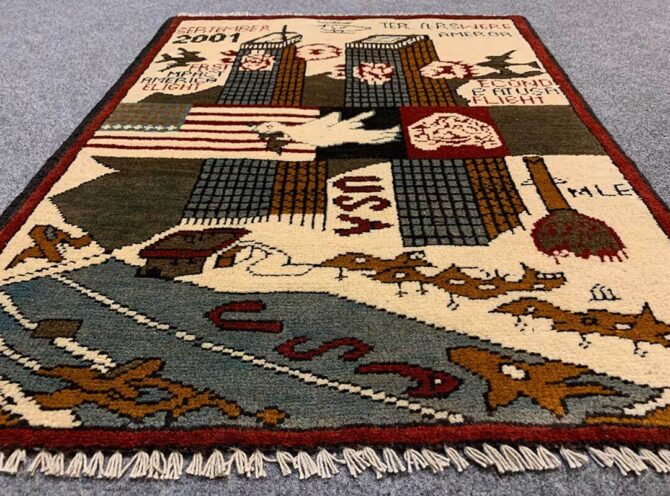 Hand Knotted Afghan War Tank A K 47 Balouch Pictorial Wall Hanging Wool Area Rug 2 x 2 Ft (5835 HM) - Image 3