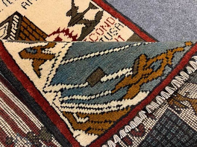 Hand Knotted Afghan War Tank A K 47 Balouch Pictorial Wall Hanging Wool Area Rug 2 x 2 Ft (5835 HM) - Image 7