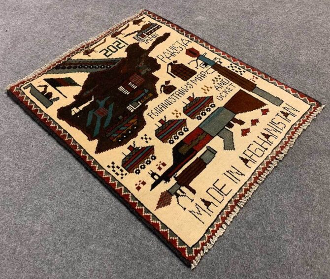 Hand Knotted Afghan War Tank A K 47 Balouch Pictorial Wall Hanging Wool Area Rug 2 x 2 Ft (5842 HM) - Image 6