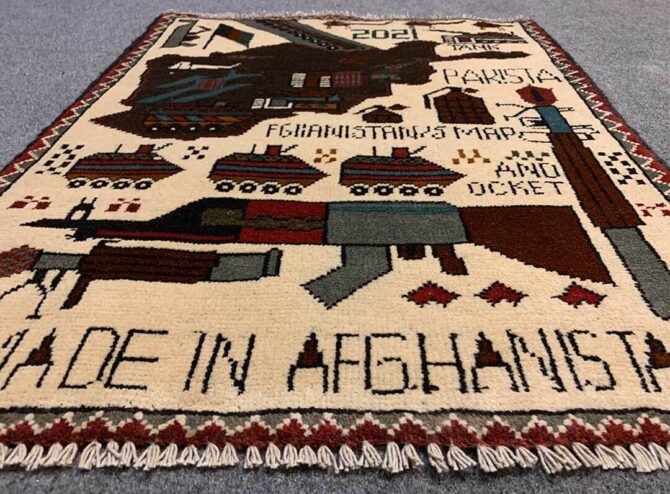 Hand Knotted Afghan War Tank A K 47 Balouch Pictorial Wall Hanging Wool Area Rug 2 x 2 Ft (5842 HM) - Image 3