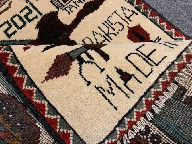 Hand Knotted Afghan War Tank A K 47 Balouch Pictorial Wall Hanging Wool Area Rug 2 x 2 Ft (5842 HM) - Image 7