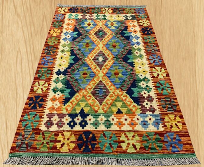 New Afghan Chobi Hand Woven Veg Dyed Wool Kilim Area Rug 4.8 x 2.9 Ft (1764 HM)