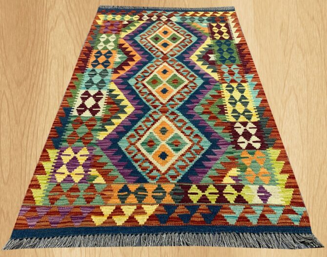New Afghan Chobi Hand Woven Veg Dyed Wool Kilim Area Rug 4.7 x 2.11 Ft (1775 HM)