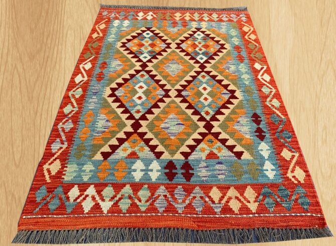 New Afghan Chobi Hand Woven Veg Dyed Wool Kilim Area Rug 4.10 x 3.4 Ft (1784 HM)