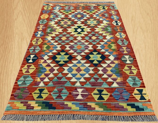 New Afghan Chobi Hand Woven Veg Dyed Wool Kilim Area Rug 4.11 x 3.3 Ft (1788 HM) - Image 2