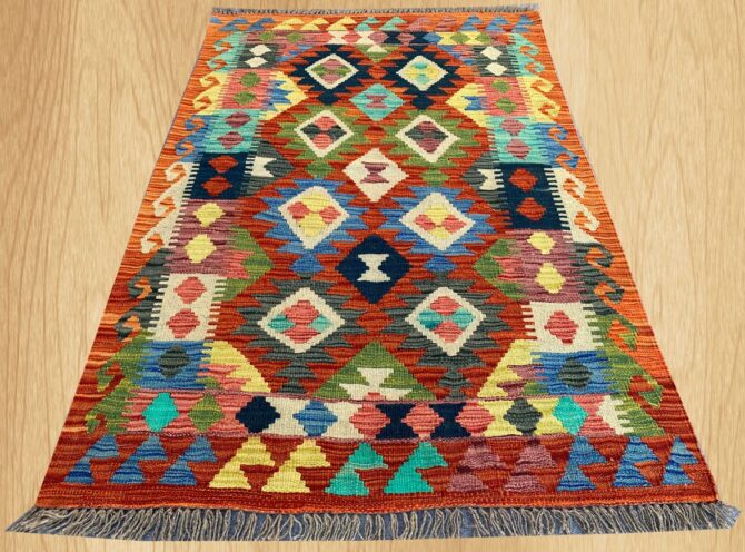 New Afghan Chobi Hand Woven Veg Dyed Wool Kilim Area Rug 4.11 x 3.3 Ft (1794 HM) - Image 2