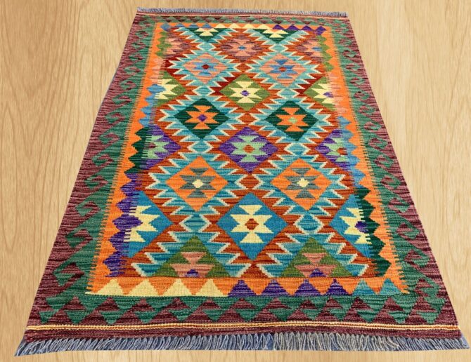 New Afghan Chobi Hand Woven Veg Dyed Wool Kilim Area Rug 5.2 x 3.5 Ft (1798 HM) - Image 2