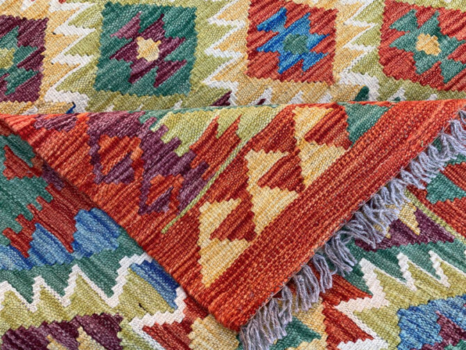 New Afghan Chobi Hand Woven Veg Dyed Wool Kilim Area Rug 4.11 x 3.6 Ft (1802 HM) - Image 6