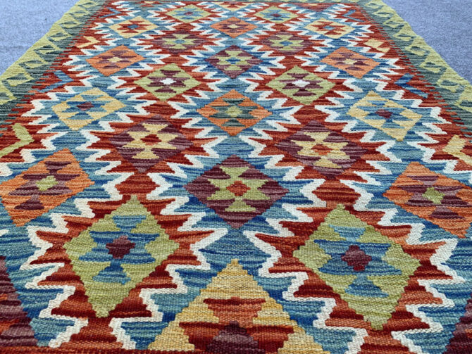 New Afghan Chobi Hand Woven Veg Dyed Wool Kilim Area Rug 4.10 x 3.5 Ft (1803 HM) - Image 3