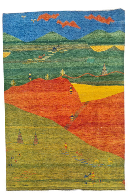 Authentic Hand Knotted Vintage Indo Gabbah Pictorial Wool Area Rug 7.5 x 5.7 Ft (1468 Ger-4)