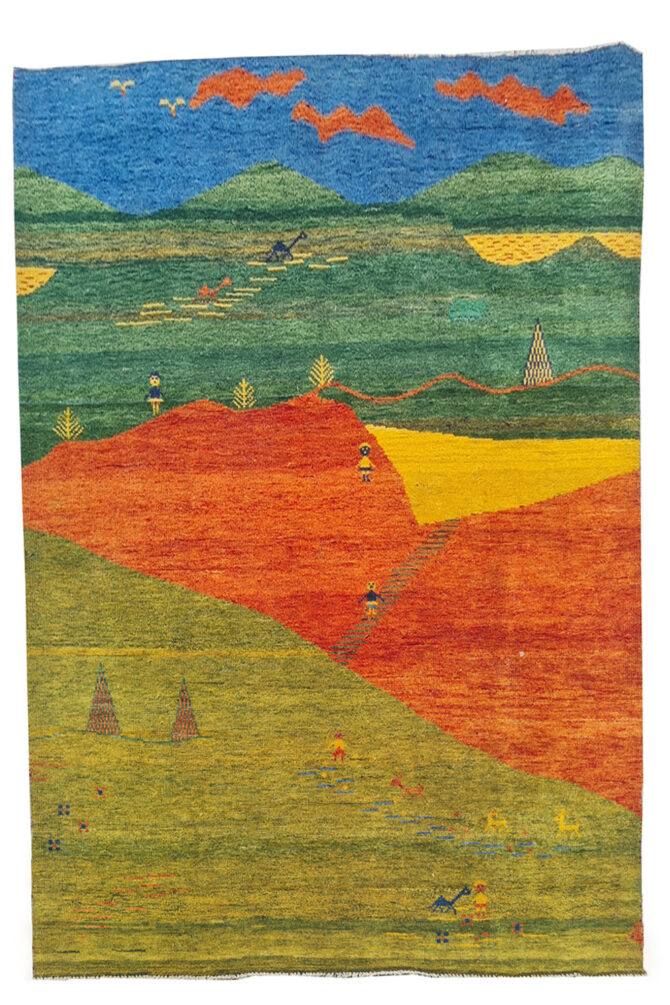 Authentic Hand Knotted Vintage Indo Gabbah Pictorial Wool Area Rug 7.5 x 5.7 Ft (1468 Ger-4) - Image 2